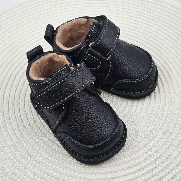 Ghete barefoot pentru copii, primii pasi, piele naturala, captuseala din blana, talpa flexibila, negru, Smiley_RO-600-1-22_Pebebe