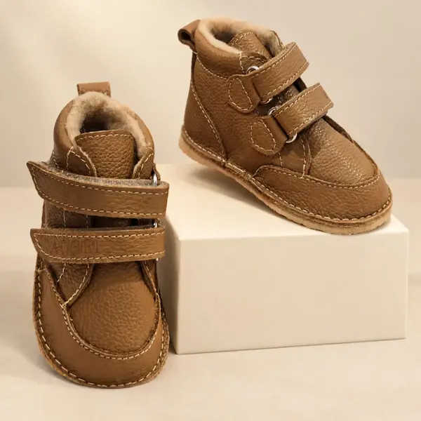 Ghete copii Barefoot, piele naturala, captuseala din blana, talpa felxibila, maro deschis, Stuy_RO-115-14-23_Pebebe