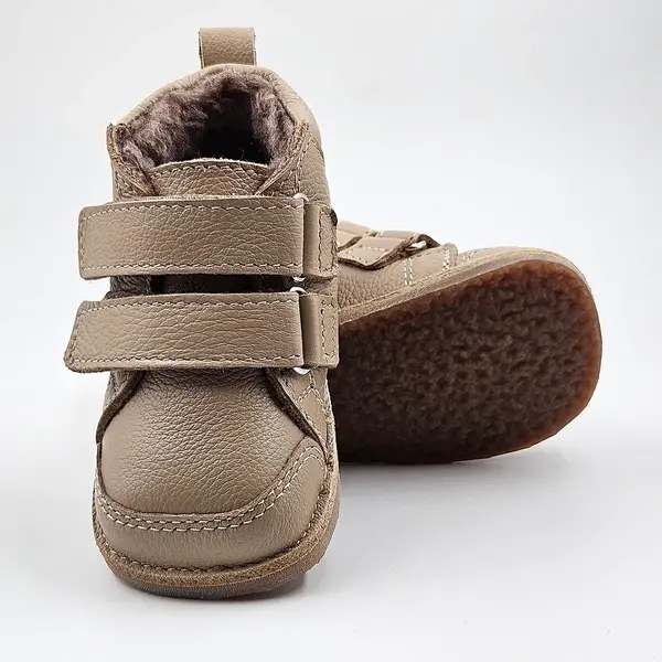 Ghete copii, barefoot, primii pasi, piele naturala, captuseala din blanita, talpa felxibila, bej_RO-22-23-23_Pebebe