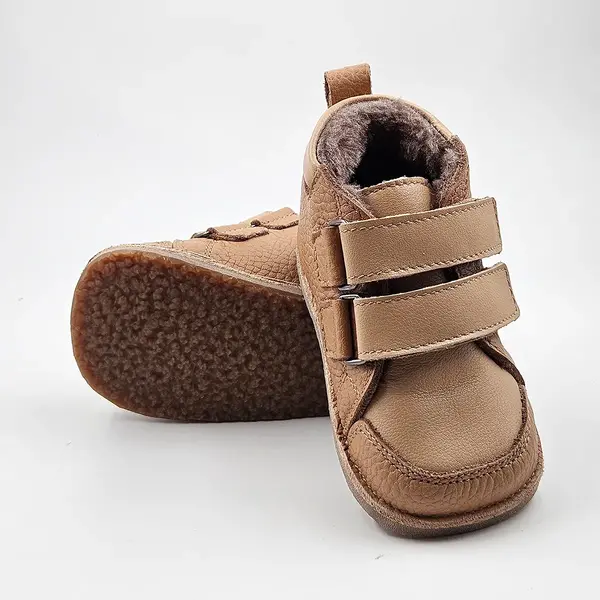 Ghete copii, barefoot, primii pasi, piele naturala, captuseala din blanita, talpa felxibila, maro cu bej_RO-22-24-23_Pebebe