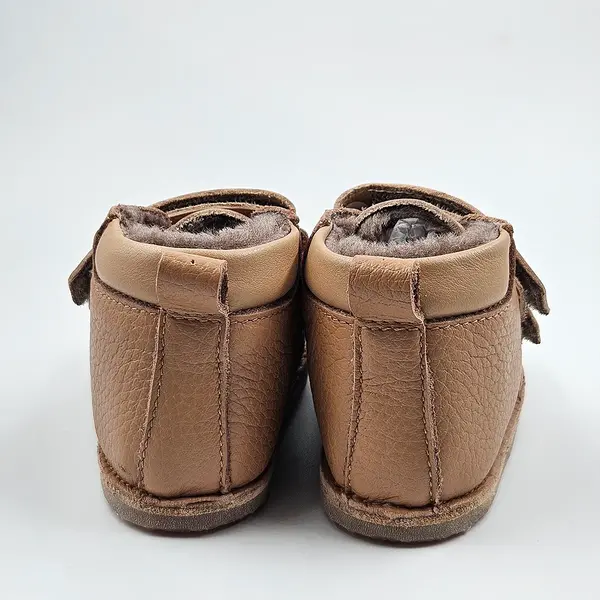 Ghete copii, barefoot, primii pasi, piele naturala, captuseala din blanita, talpa felxibila, maro cu bej_RO-22-24-23_Pebebe