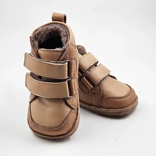 Ghete copii, barefoot, primii pasi, piele naturala, captuseala din blanita, talpa felxibila, maro cu bej_RO-22-24-23_Pebebe
