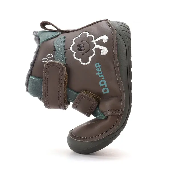 Ghete D.D Step baieti, Barefoot, piele naturala, captuseala din blana, maro inchis, emblema cu norisor_W070-62495A-20_Pebebe