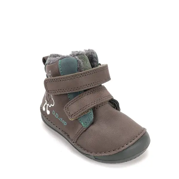 Ghete D.D Step baieti, Barefoot, piele naturala, captuseala din blana, maro inchis, emblema cu norisor_W070-62495A-20_Pebebe
