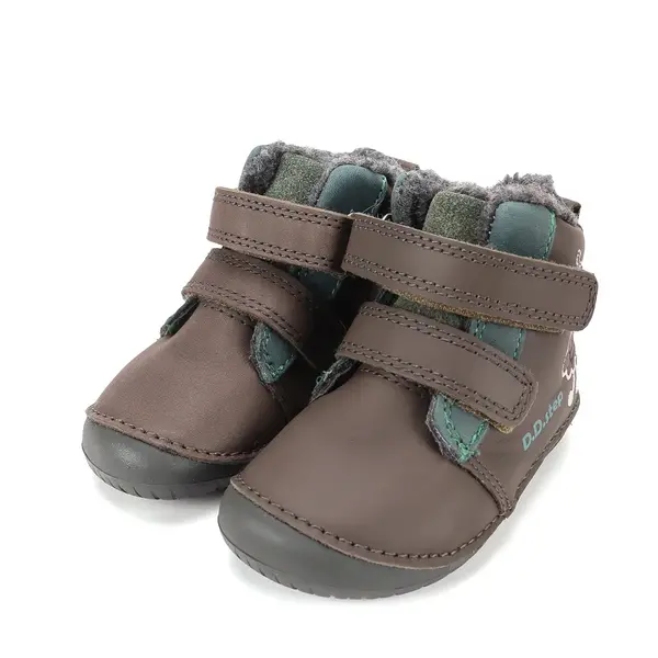 Ghete D.D Step baieti, Barefoot, piele naturala, captuseala din blana, maro inchis, emblema cu norisor_W070-62495A-20_Pebebe