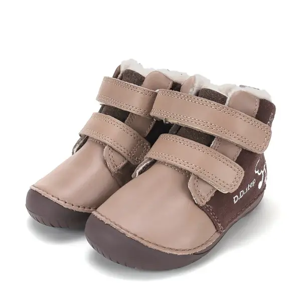 Ghete D.D Step copii, Barefoot, piele naturala, captuseala din blana, maro, emblema cu norisor_W070-62495F-20_Pebebe
