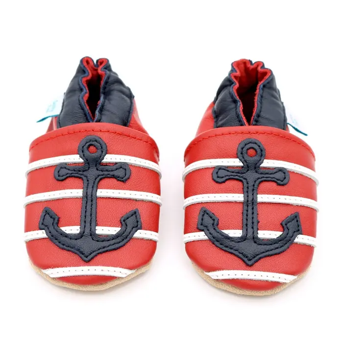 Pantofi din piele moale roșii cu ancoră- BS007-24-36-Dotty Fish-