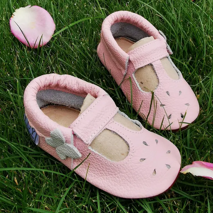 Pantofi din piele moale, roz cu flururas gri- PL010-roz-29-By Pebebe-