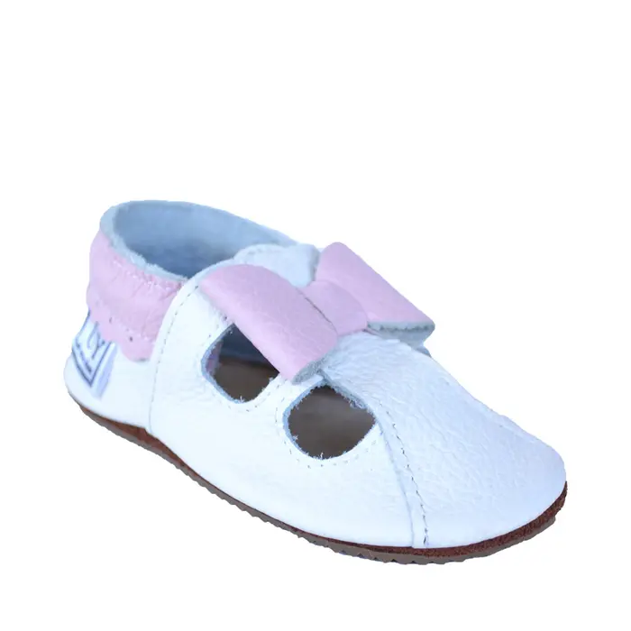 Sandale din piele moale albe cu fundita roz- PL009-alb-29-By Pebebe-