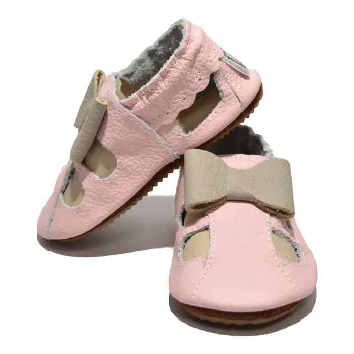 Sandale roz din piele moale cu fundita gri, decupate- PL002-roz-29-By Pebebe-