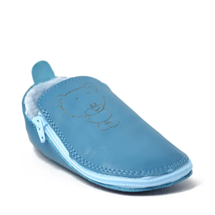 Pantofi copii cu fermoar și talpă de piele, gravati, albastru- RO-08-Albastru-23-By Pebebe-