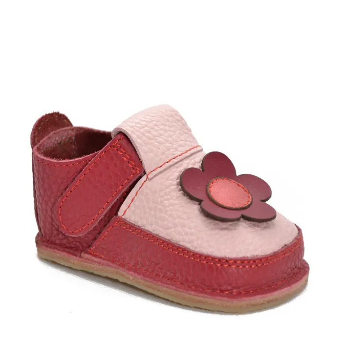 Pantofi din piele moale si talpa flexibila cu floare, rosu- RO-09-floare2-21-By Pebebe-