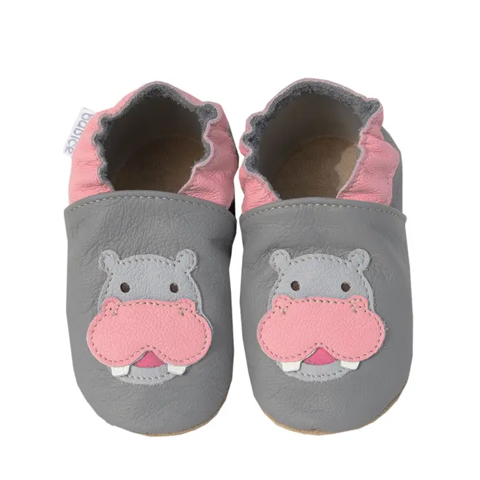 Papucei din piele cu talpa din cauciuc natural cu hipopotam, gri cu roz, Babice- BA-081-20/21-Babice-