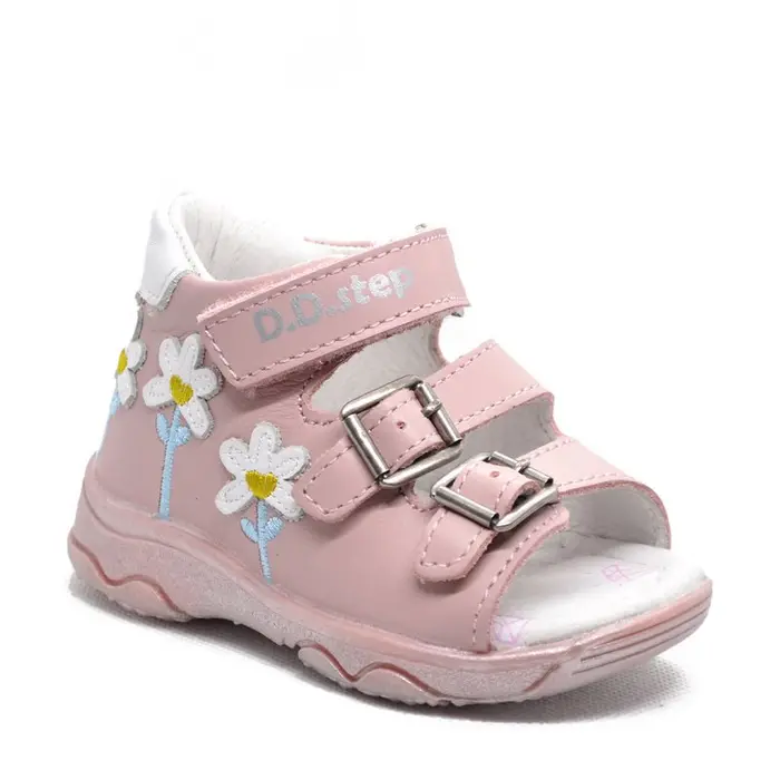 Sandale din piele naturala primii pași, D.D.Step, roz deschis, flori albe- AC64-773A-31-D.D. Step-