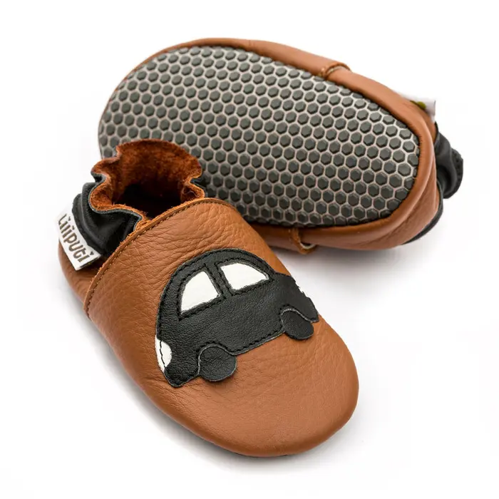 Pantofi de interior din piele naturala, talpa din piele cu tampoane antiderapante, Black Car, Liliputi- 2006001013931-Liliputi-