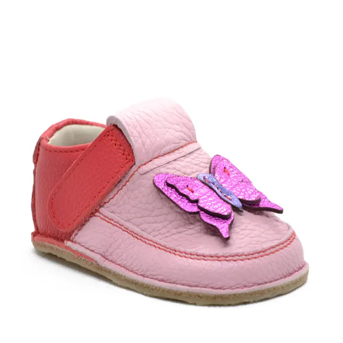 Pantofi din piele moale cu talpa flexibila si captuseala, fluturas roz- RO-16-7-23-By Pebebe-