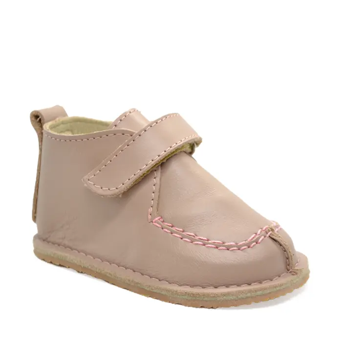 Pantofi din piele naturala pentru copii, talpa cauciuc, scai, Bubu, roz prafuit- RO-110-2-23-By Pebebe-