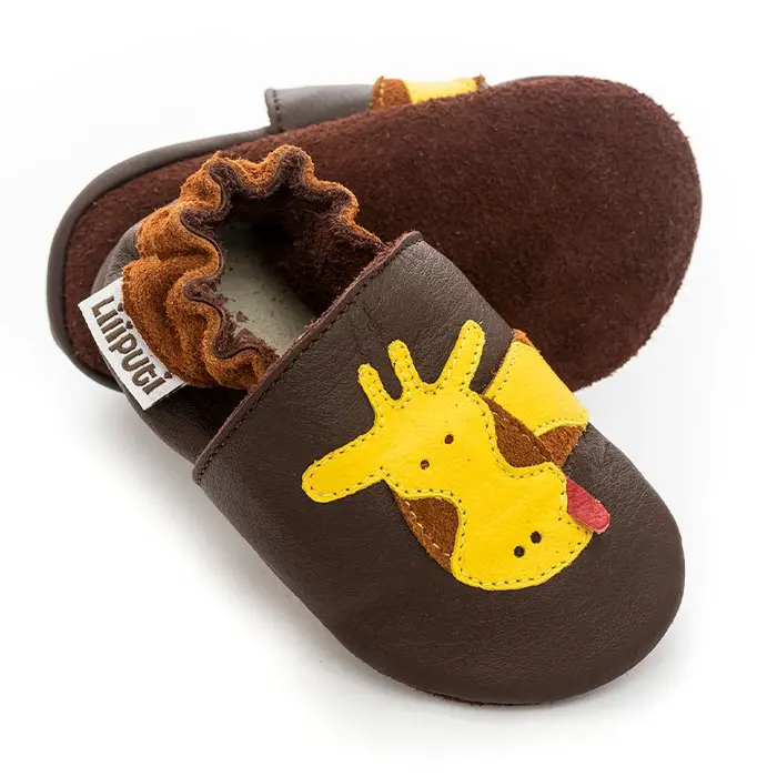 Pantofi de interior din piele naturala, talpa din piele intoarsa, Brown giraffe, Liliputi- 2006001010152-Liliputi-