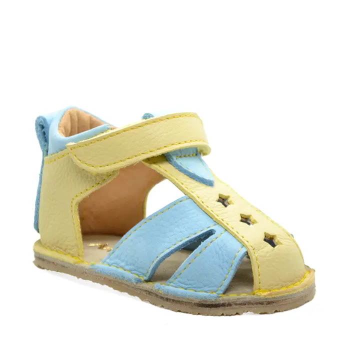 Sandale din piele naturala pentru copii cu talpa flexibila, bleu, galben- RO-200-3-22-By Pebebe-