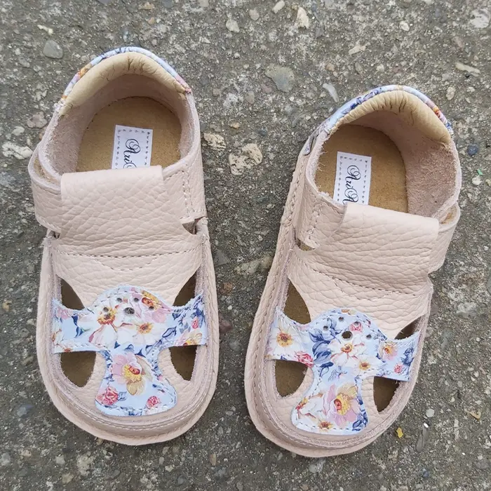Sandale barefoot, primii pasi, piele naturala, talpa flexibila, roz , flori, APHRODITA- Ari-100-20-Ariana Baby Shoes-