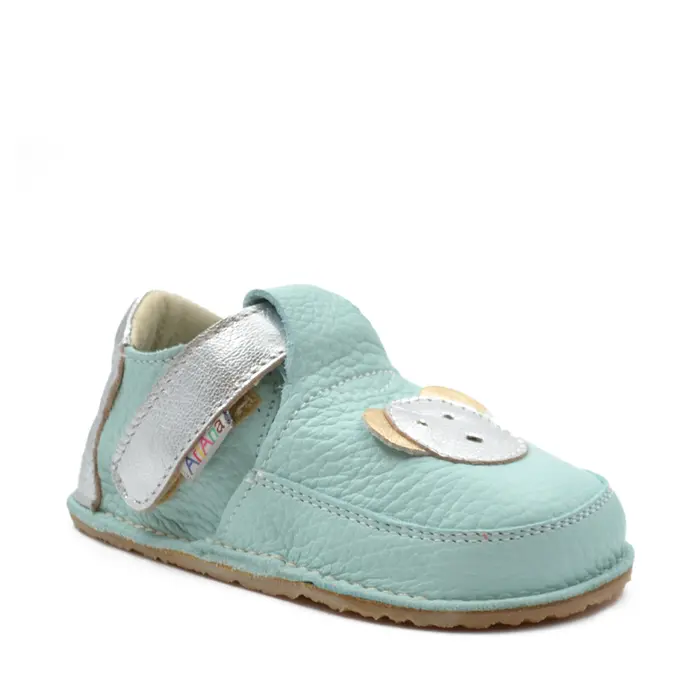 Pantofi barefoot, primii pasi, piele naturala, talpa flexibila, turcoaz, ursulet, Rain- Ari-006-17-Ariana Baby Shoes-