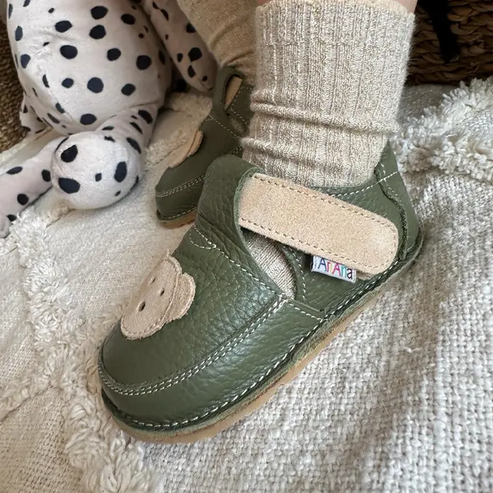 Pantofi barefoot, primii pasi, piele naturala, talpa flexibila, verde, ursulet, Greer- Ari-004-16-Ariana Baby Shoes-